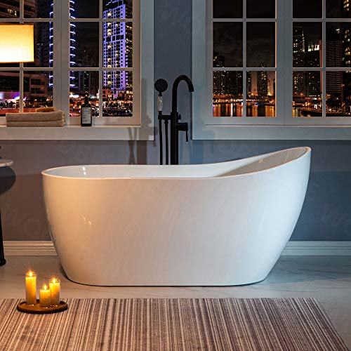 WOODBRIDGE 59" Acrylic Freestanding Bathtub Contemporary Soaking White Tub with Matte Black Overflow and Drain，B1530 -MB-Drain &O