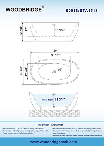 WOODBRIDGE 59"Freestanding White Acylic Soaking Bathtub with Matte Black Drain and Overflow,BTA1518 -MB-Drain &O