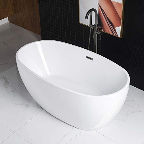 WOODBRIDGE 59"Freestanding White Acylic Soaking Bathtub with Matte Black Drain and Overflow,BTA1518 -MB-Drain &O