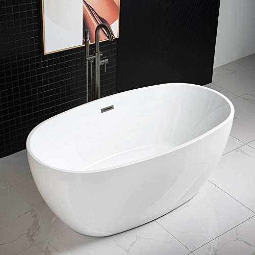 WOODBRIDGE 59"Freestanding White Acylic Soaking Bathtub with Matte Black Drain and Overflow,BTA1518 -MB-Drain &O