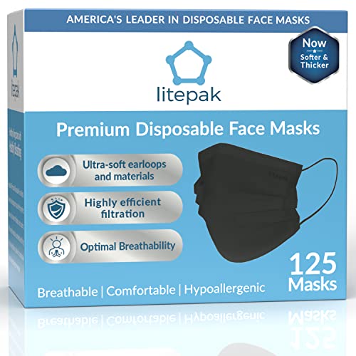 125-Pack Litepak Disposable Face Mask Premium Comfort Earloops with Dispenser Box (Black)