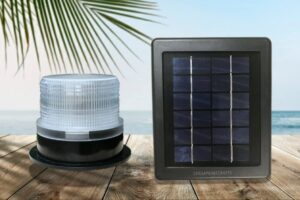 chesapeakecrafts solar led beacon for lawn lighthouses. multi-function choose revolving, blinking, steady modes. automatic dusk to dawn. remote solar panel with 16 ft. cord. weatherproof.