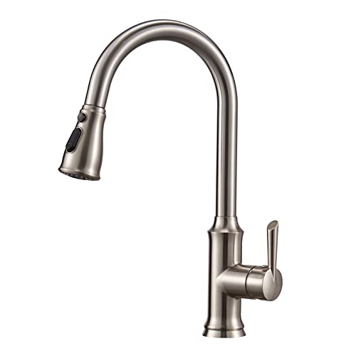 Kitchen Sink Faucet, Peppermint 3 Hole Faucet for Kitchen Sink with Pull Down Sprayer Fingerprint Resistant Single Handle Commercial Kitchen Sink Faucet with Nylon Hose, Brushed Nickel