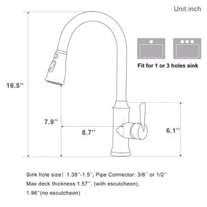 Kitchen Sink Faucet, Peppermint 3 Hole Faucet for Kitchen Sink with Pull Down Sprayer Fingerprint Resistant Single Handle Commercial Kitchen Sink Faucet with Nylon Hose, Brushed Nickel