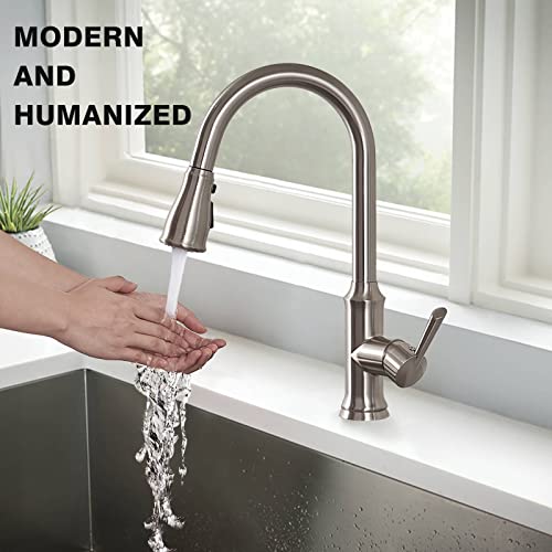 Kitchen Sink Faucet, Peppermint 3 Hole Faucet for Kitchen Sink with Pull Down Sprayer Fingerprint Resistant Single Handle Commercial Kitchen Sink Faucet with Nylon Hose, Brushed Nickel