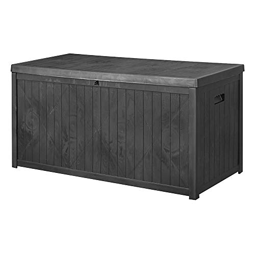 Ainfox Patio Storage Deck Box, Outdoor Storage Plastic Bench Box - All Weather Resin Wicker Deck Box Storage Container Bench Seat (Carbon Black)