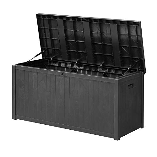 Ainfox Patio Storage Deck Box, Outdoor Storage Plastic Bench Box - All Weather Resin Wicker Deck Box Storage Container Bench Seat (Carbon Black)