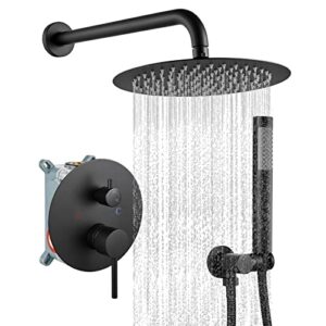 gotonovo shower system,bathroom shower faucet with 10 inch round shower head wall mount,luxury shower combo set with cylindrical handheld,shower trim kit rough-in valve included,matte black