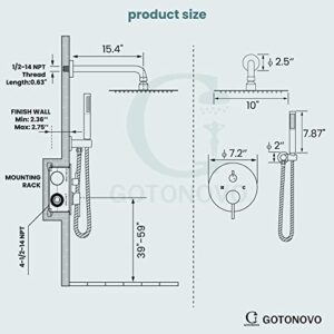 gotonovo Shower System,Bathroom Shower Faucet with 10 Inch Round Shower Head Wall Mount,Luxury Shower Combo Set with Cylindrical Handheld,Shower Trim Kit Rough-in Valve Included,Matte Black