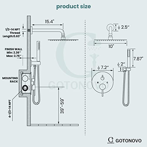 gotonovo Shower System,Bathroom Shower Faucet with 10 Inch Round Shower Head Wall Mount,Luxury Shower Combo Set with Cylindrical Handheld,Shower Trim Kit Rough-in Valve Included,Matte Black