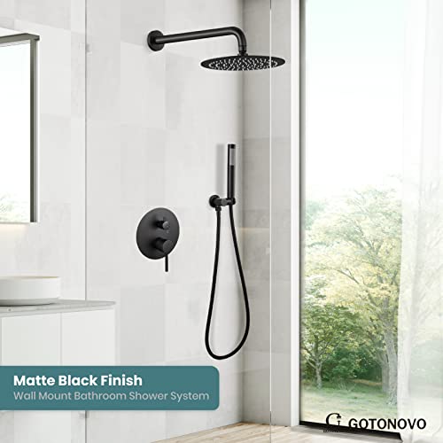 gotonovo Shower System,Bathroom Shower Faucet with 10 Inch Round Shower Head Wall Mount,Luxury Shower Combo Set with Cylindrical Handheld,Shower Trim Kit Rough-in Valve Included,Matte Black