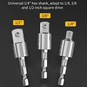 Tool Gift for Man, 3-Piece Power Drill Sockets Adapter Sets, 360°Rotatable Hex Shank Impact Driver Socket Adapter, Socket to Drill Adapter 1/4" 3/8" 1/2" Impact Driver Adapter