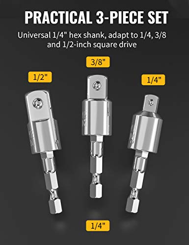 Tool Gift for Man, 3-Piece Power Drill Sockets Adapter Sets, 360°Rotatable Hex Shank Impact Driver Socket Adapter, Socket to Drill Adapter 1/4" 3/8" 1/2" Impact Driver Adapter