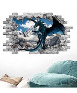 blue dragon wall decal, mountains removable vinyl sticker, dragon wall mural, peel and stick, dragon bedroom decor nt23