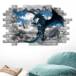 Blue Dragon Wall Decal, Mountains Removable Vinyl Sticker, Dragon Wall Mural, Peel and Stick, Dragon Bedroom Decor NT23