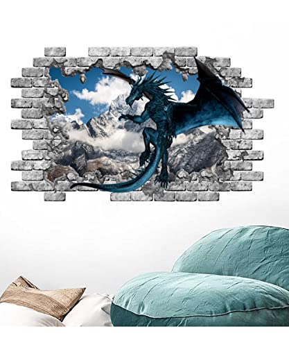 Blue Dragon Wall Decal, Mountains Removable Vinyl Sticker, Dragon Wall Mural, Peel and Stick, Dragon Bedroom Decor NT23