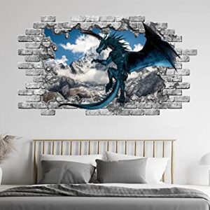 Blue Dragon Wall Decal, Mountains Removable Vinyl Sticker, Dragon Wall Mural, Peel and Stick, Dragon Bedroom Decor NT23