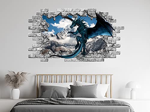 Blue Dragon Wall Decal, Mountains Removable Vinyl Sticker, Dragon Wall Mural, Peel and Stick, Dragon Bedroom Decor NT23