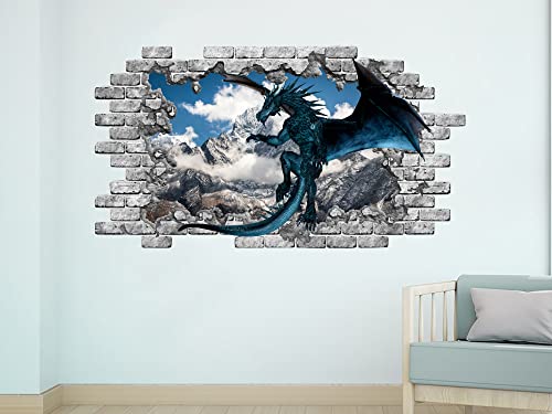 Blue Dragon Wall Decal, Mountains Removable Vinyl Sticker, Dragon Wall Mural, Peel and Stick, Dragon Bedroom Decor NT23