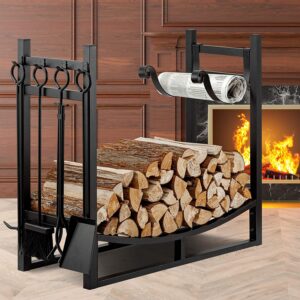 Amagabeli Large Firewood Rack With Fireplace Tools Set 33.5 Inch Wood Rack Wrought Iron Indoor Outdoor Kindling Log Holder Heavy Duty Wide Wood Storage Log Rack Accessories Shovel Poker Tongs Broom