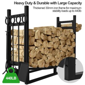 Amagabeli Large Firewood Rack With Fireplace Tools Set 33.5 Inch Wood Rack Wrought Iron Indoor Outdoor Kindling Log Holder Heavy Duty Wide Wood Storage Log Rack Accessories Shovel Poker Tongs Broom