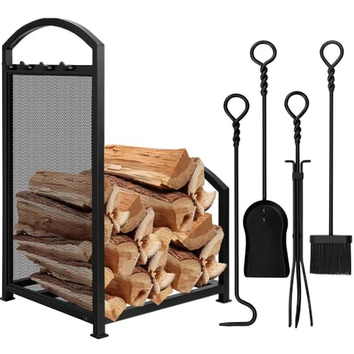 AMAGABELI GARDEN & HOME 30.7in Fireplace Tools Set Indoor Outdoor Fire wood Holders Wood Holder Rack Lumber Storage Firewood Rack Stacking Heavy Duty