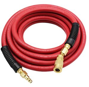 yotoo heavy duty rubber air hose 3/8-inch by 25-feet 300 psi with 1/4" industrial swivel solid brass quick coupler, plug and bend restrictors, red