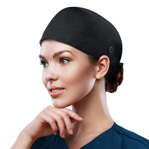 qba adjustable working cap with button, cotton working hat sweatband, elastic bandage tie back hats for women & men, one size black