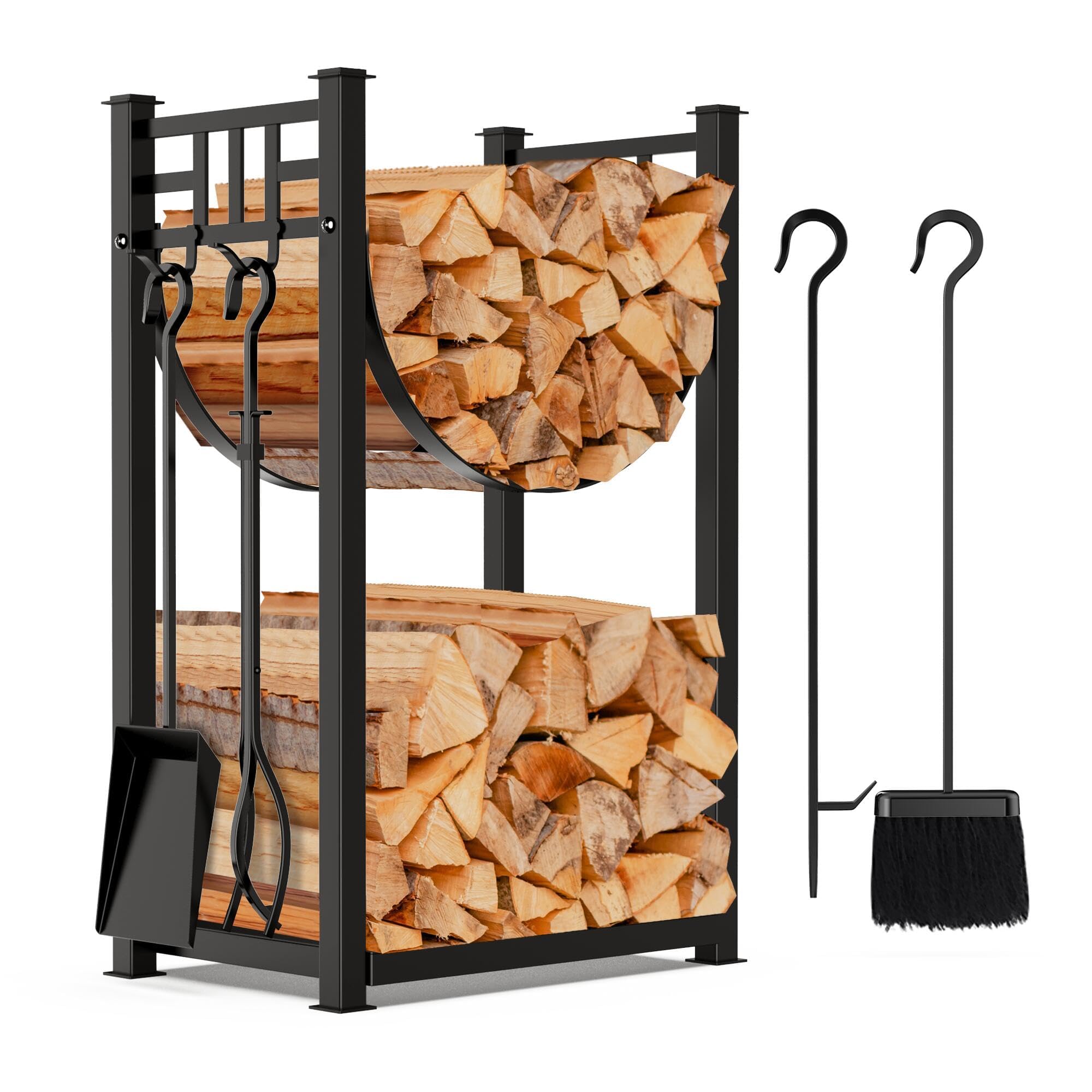 AMAGABELI GARDEN & HOME 31.6in Large Firewood Rack Fireplace Tools Set Wood Holder Indoor log Rack With Tools Tall for Wood Stove Firepit Campfire Storage Stacking Wrought Iron Accessories Outdoor