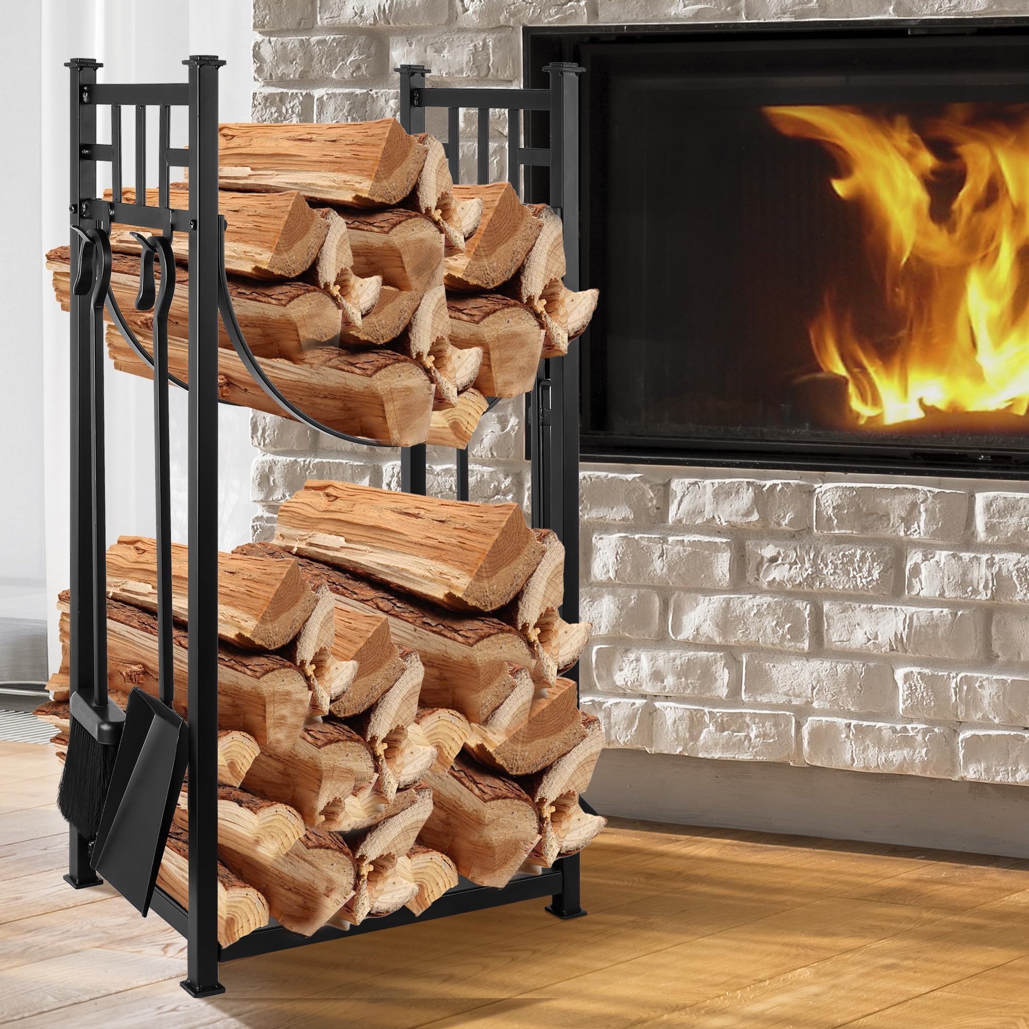 AMAGABELI GARDEN & HOME 31.6in Large Firewood Rack Fireplace Tools Set Wood Holder Indoor log Rack With Tools Tall for Wood Stove Firepit Campfire Storage Stacking Wrought Iron Accessories Outdoor