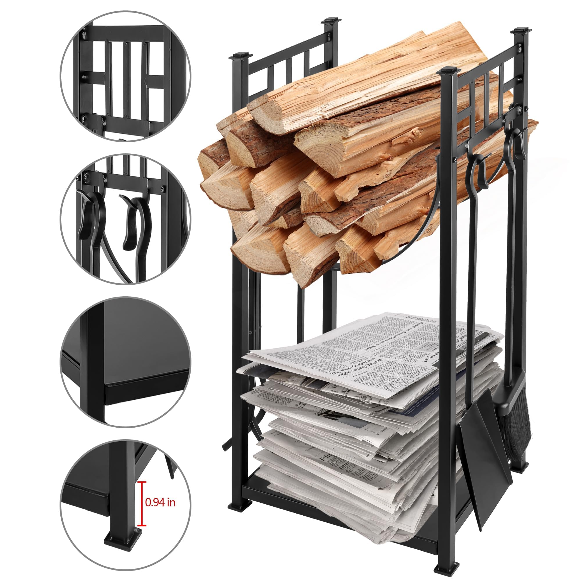 AMAGABELI GARDEN & HOME 31.6in Large Firewood Rack Fireplace Tools Set Wood Holder Indoor log Rack With Tools Tall for Wood Stove Firepit Campfire Storage Stacking Wrought Iron Accessories Outdoor