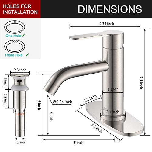 AMAZING FORCE Bathroom Faucet with Pop Up Drain Assembly and Deck Plate 1 or 3 Hole Bathroom Sink Faucet with Sink Drain Single Handle, Brushed Nickel 1.2 GPM