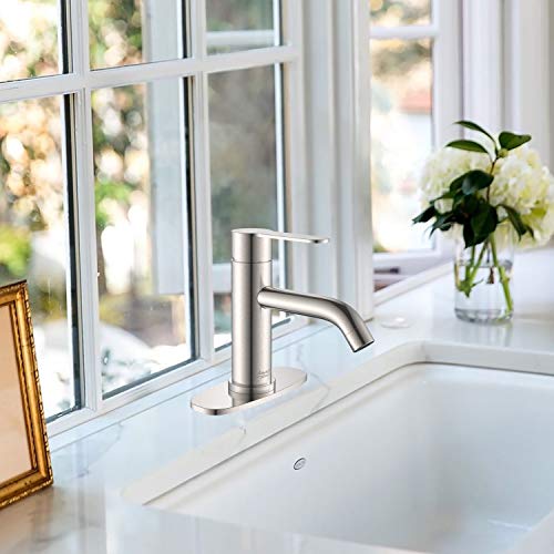 AMAZING FORCE Bathroom Faucet with Pop Up Drain Assembly and Deck Plate 1 or 3 Hole Bathroom Sink Faucet with Sink Drain Single Handle, Brushed Nickel 1.2 GPM