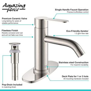 AMAZING FORCE Bathroom Faucet with Pop Up Drain Assembly and Deck Plate 1 or 3 Hole Bathroom Sink Faucet with Sink Drain Single Handle, Brushed Nickel 1.2 GPM