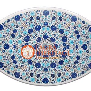 White Marble Dining Table Top Pietra Dura Turquoise Lapis Lazuli Inlay Floral Arts Occasional Decor