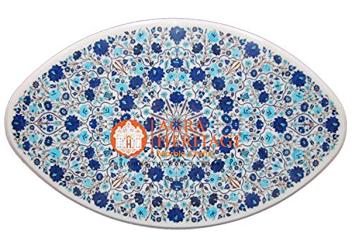 White Marble Dining Table Top Pietra Dura Turquoise Lapis Lazuli Inlay Floral Arts Occasional Decor