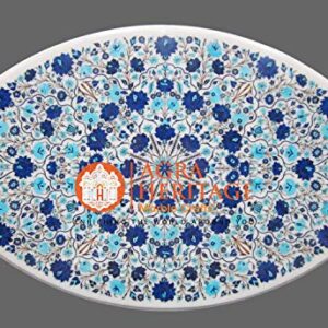 White Marble Dining Table Top Pietra Dura Turquoise Lapis Lazuli Inlay Floral Arts Occasional Decor