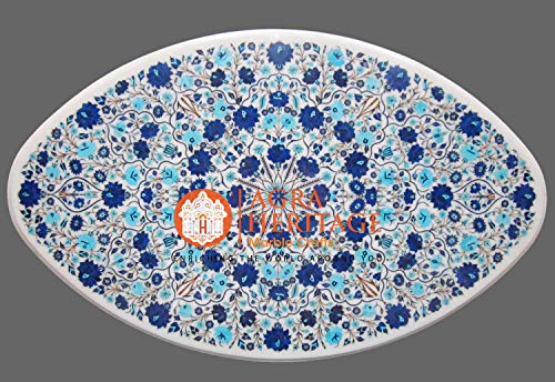 White Marble Dining Table Top Pietra Dura Turquoise Lapis Lazuli Inlay Floral Arts Occasional Decor
