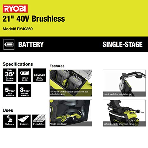 RYOBI RY40860 21 in. 40-Volt Brushless Cordless Electric Snow Blower with Two 5.0 Ah Batteries and Charger Included