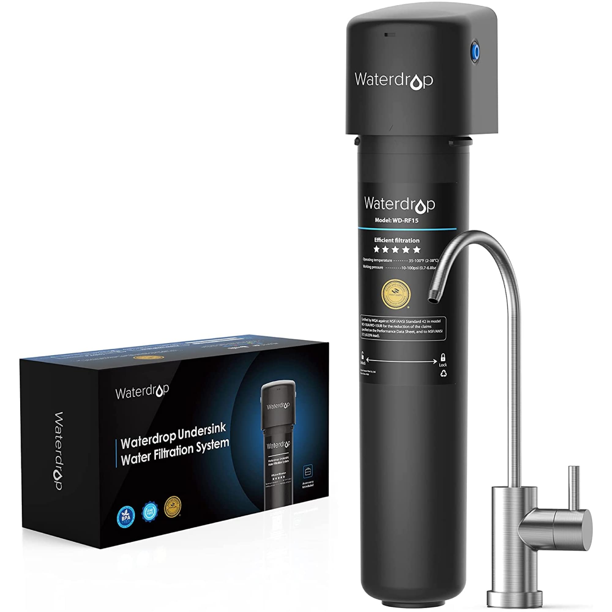 Waterdrop 15UB Under Sink Water Filter, Under Sink Water Filtration System for 2 Years, NSF/ANSI 42 Certified, Reduces PFAS, PFOA/PFOS, Lead, Under Sink Water Filter with Faucet, 16K Gallons