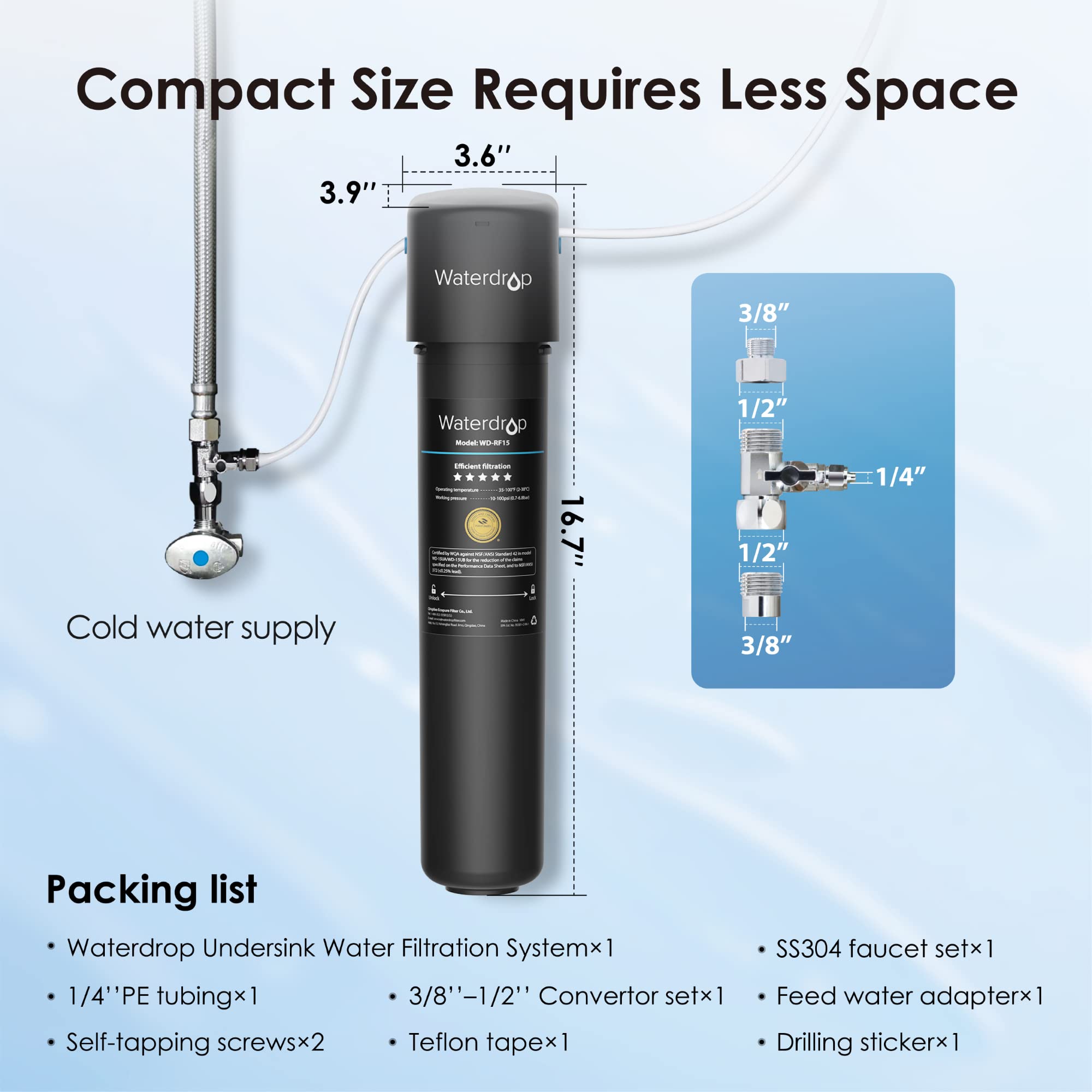 Waterdrop 15UB Under Sink Water Filter, Under Sink Water Filtration System for 2 Years, NSF/ANSI 42 Certified, Reduces PFAS, PFOA/PFOS, Lead, Under Sink Water Filter with Faucet, 16K Gallons