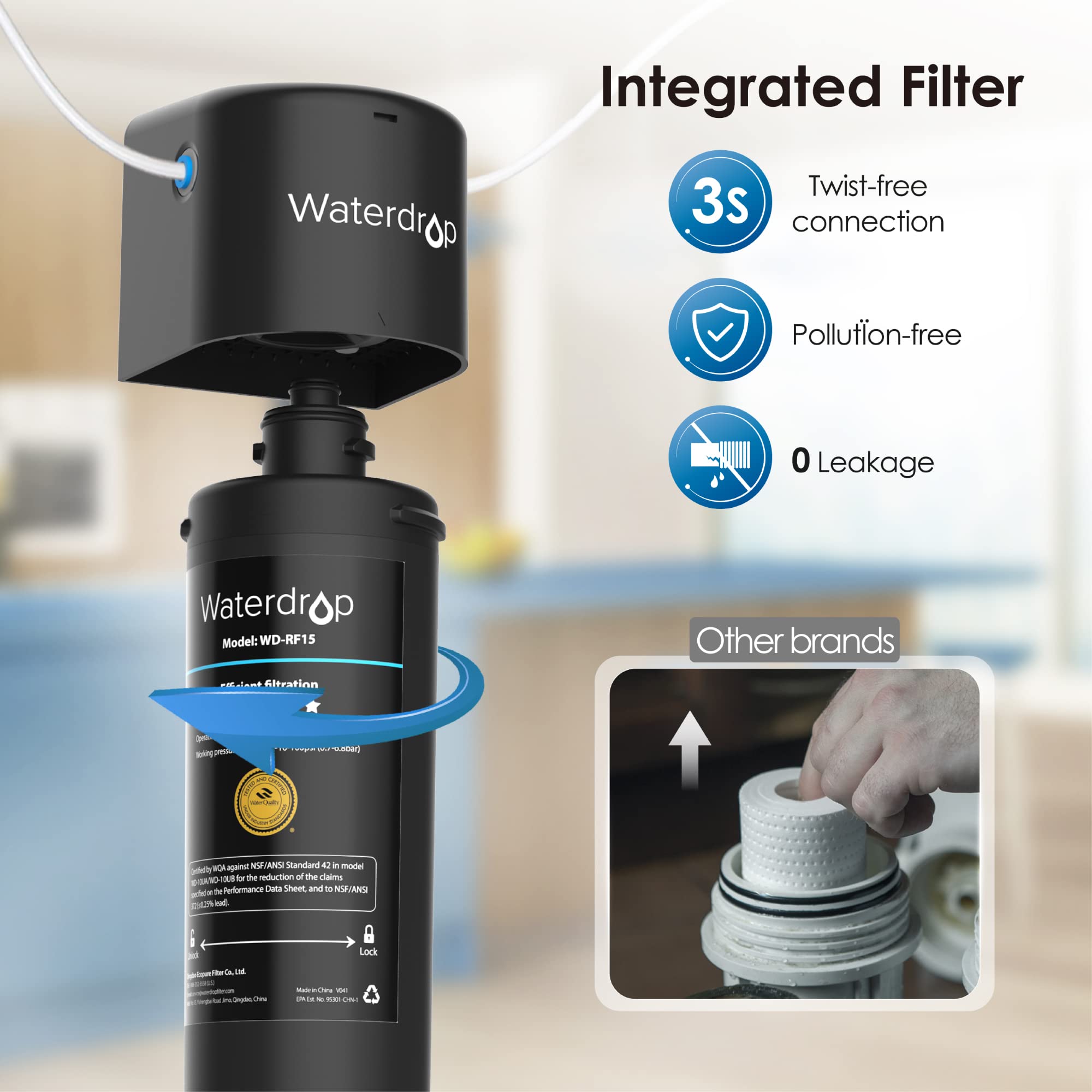 Waterdrop 15UB Under Sink Water Filter, Under Sink Water Filtration System for 2 Years, NSF/ANSI 42 Certified, Reduces PFAS, PFOA/PFOS, Lead, Under Sink Water Filter with Faucet, 16K Gallons