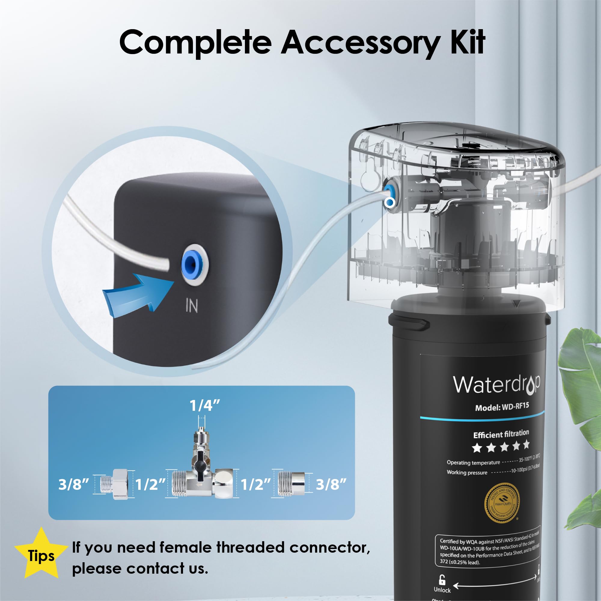 Waterdrop 15UB Under Sink Water Filter, Under Sink Water Filtration System for 2 Years, NSF/ANSI 42 Certified, Reduces PFAS, PFOA/PFOS, Lead, Under Sink Water Filter with Faucet, 16K Gallons