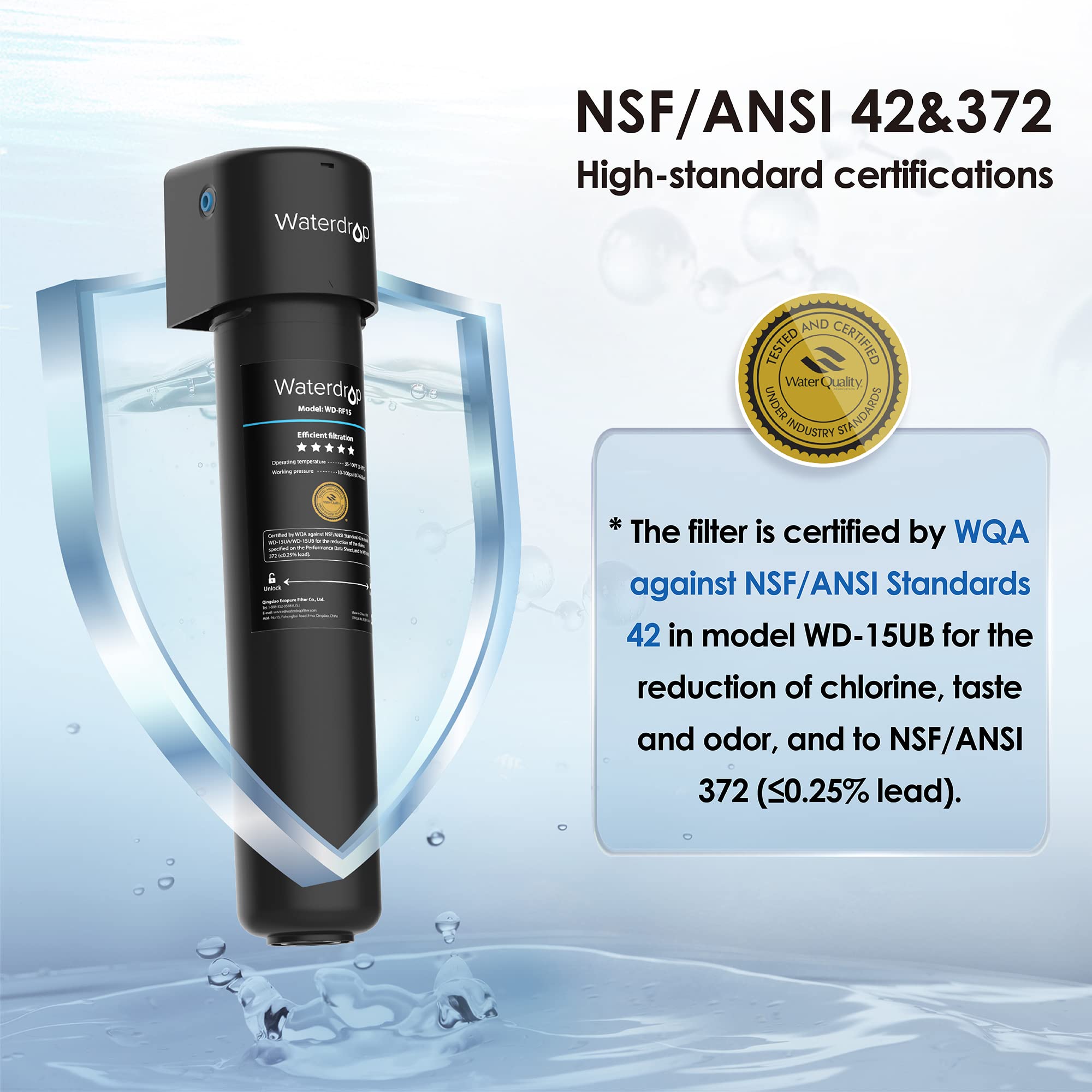 Waterdrop 15UB Under Sink Water Filter, Under Sink Water Filtration System for 2 Years, NSF/ANSI 42 Certified, Reduces PFAS, PFOA/PFOS, Lead, Under Sink Water Filter with Faucet, 16K Gallons