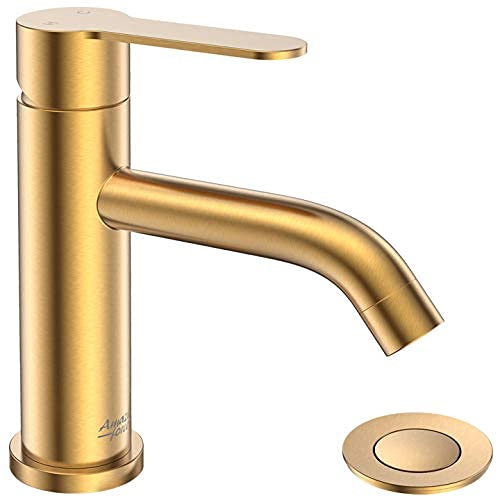 AMAZING FORCE Single Handle Bathroom Faucet Gold Bathroom Sink Faucet Single Hole with Pop Up Drain Assembly Gold Faucet for Bathroom Sink 1.2 GPM