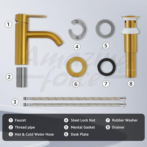 AMAZING FORCE Single Handle Bathroom Faucet Gold Bathroom Sink Faucet Single Hole with Pop Up Drain Assembly Gold Faucet for Bathroom Sink 1.2 GPM