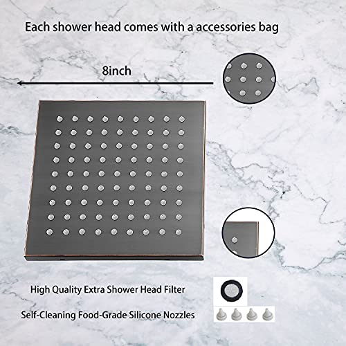 Shower Head GGStudy 8 inch Square Rain Stainless Steel High Pressure Oil Rubbed Bronze Shower Heads Rainfall Bath Shower Self-cleaning Silicone Nozzle