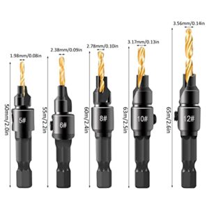 Szliyands 1/4 inch Hex Shank Countersink Drill Bit Power Tools Accessories for Plastic Metal Woodworking Tool by Power Drill 5Pcs/Set （5/6/8/10/12#）