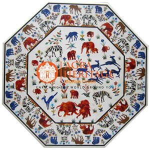36" white marble dining room table top marquetry inlaid animals art decor