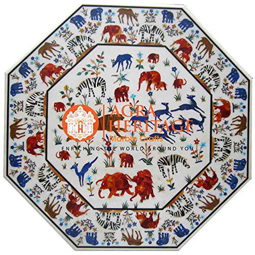 36" White Marble Dining Room Table Top Marquetry Inlaid Animals Art Decor